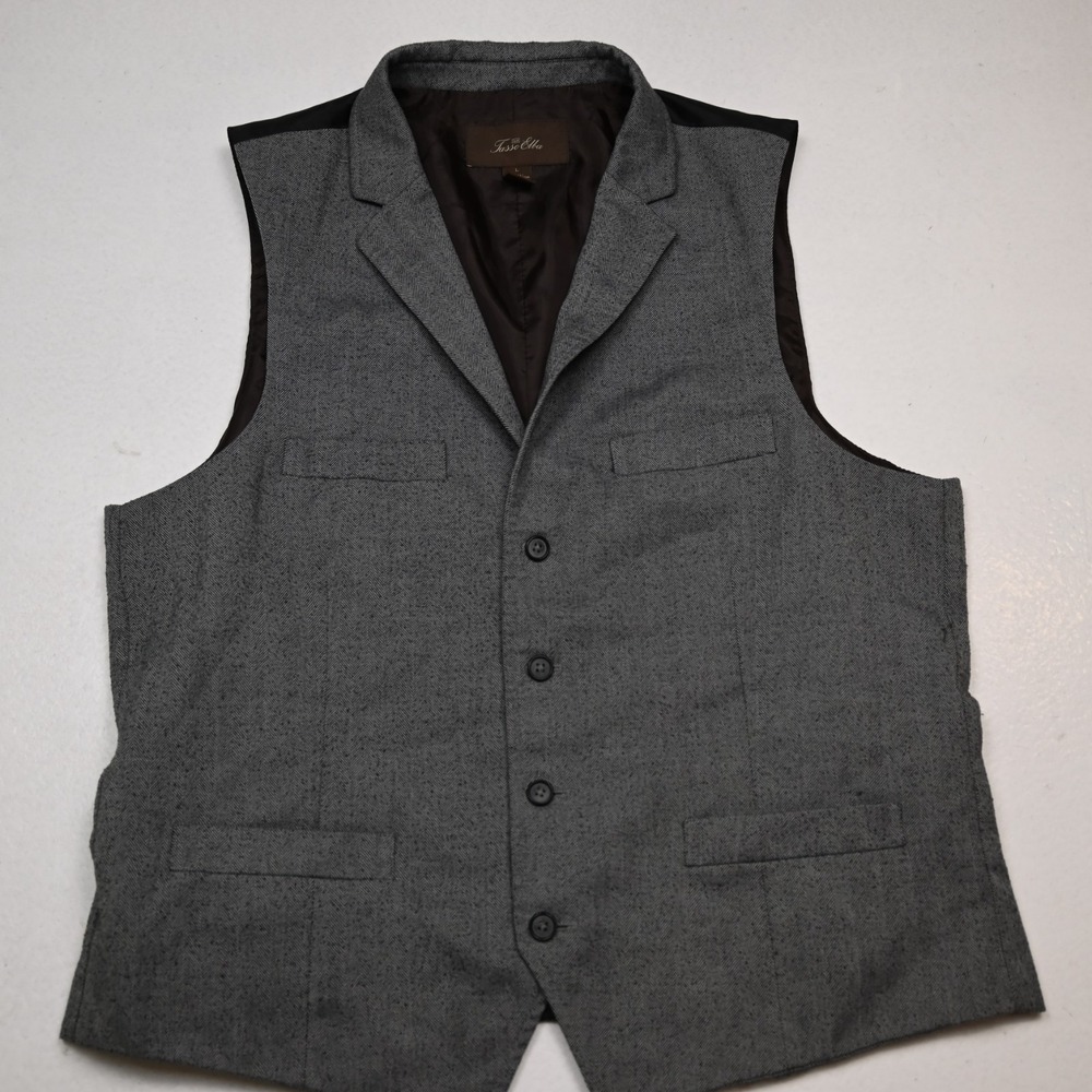 Tasso Elba Large L Gray Herringbone Button Front Mens‎ Formal Vest Waistcoat